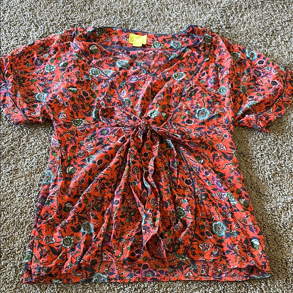 Maeve Red and White Tie Front Relaxed Blouse